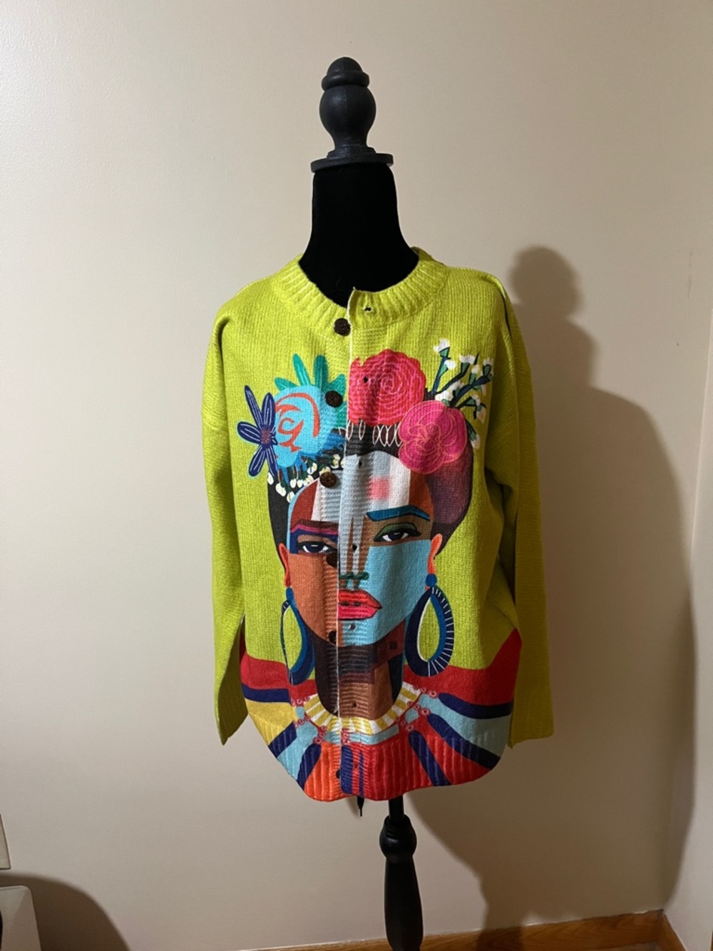 Frida Kahlo Inspired Lime Green Graphic Knit Sweater